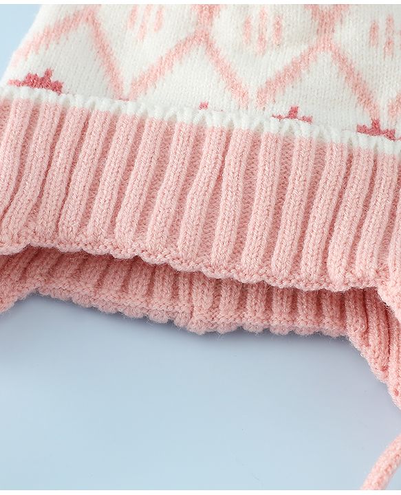Babyhug Woollen Cap with Knot & Pom Pom with Geometric Design Khaki - Diameter 18.5 cm