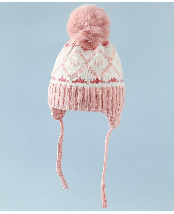 Babyhug Woollen Cap with Knot & Pom Pom with Geometric Design Khaki - Diameter 18.5 cm
