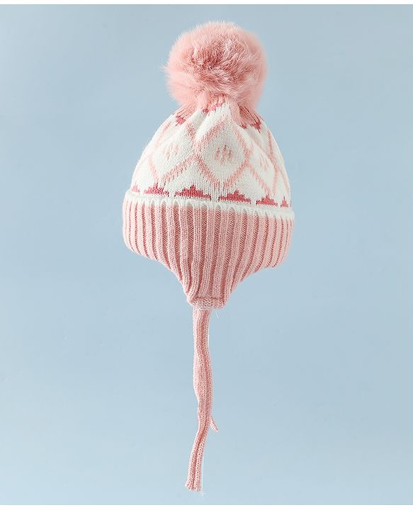Babyhug Woollen Cap with Knot & Pom Pom with Geometric Design Khaki - Diameter 18.5 cm