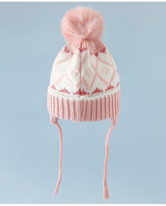 Babyhug Woollen Cap with Knot & Pom Pom with Geometric Design Khaki - Diameter 18.5 cm