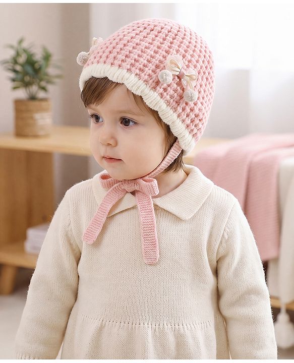 Babyhug Woollen Cap with Knot and Bow Applique Pink - Diameter 20 cm
