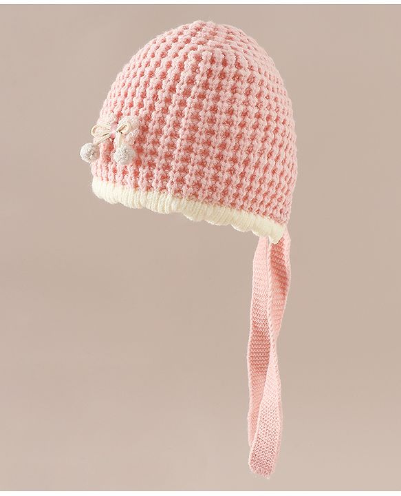 Babyhug Woollen Cap with Knot and Bow Applique Pink - Diameter 20 cm