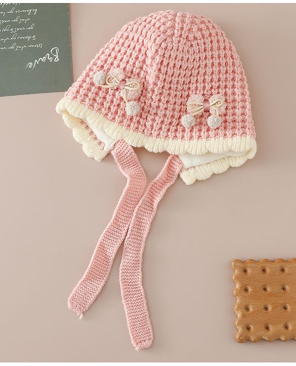 Babyhug Woollen Cap with Knot and Bow Applique Pink - Diameter 20 cm