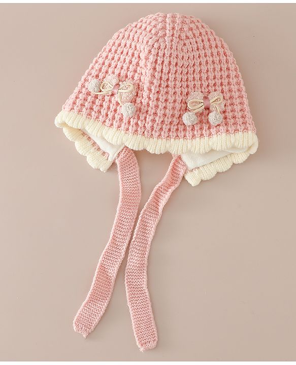 Babyhug Woollen Cap with Knot and Bow Applique Pink - Diameter 20 cm