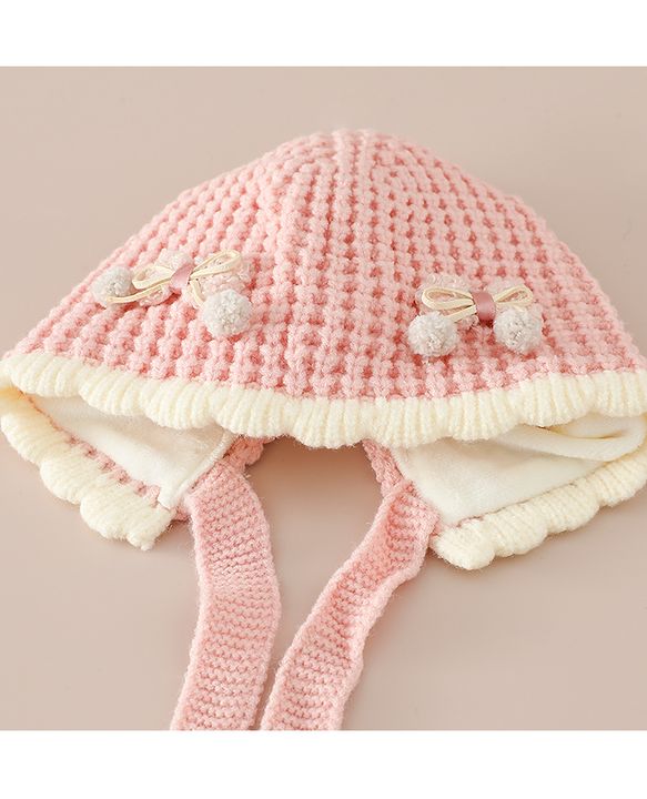 Babyhug Woollen Cap with Knot and Bow Applique Pink - Diameter 20 cm