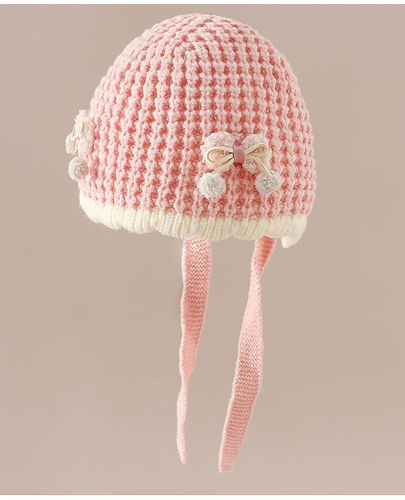 Babyhug Woollen Cap with Knot and Bow Applique Pink - Diameter 20 cm
