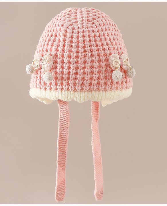 Babyhug Woollen Cap with Knot and Bow Applique Pink - Diameter 20 cm