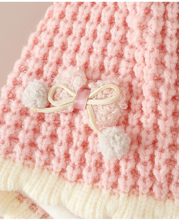 Babyhug Woollen Cap with Knot and Bow Applique Pink - Diameter 20 cm