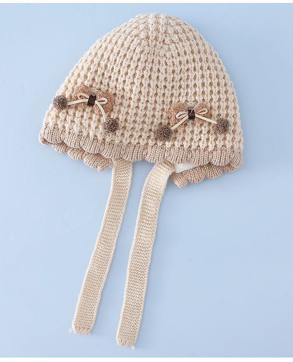 Babyhug Woollen Cap with Knot and Bow Applique Pink - Diameter 20 cm