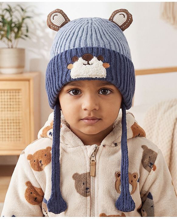 Babyhug Woollen Cap with Knot & Ear with Bear Patch Blue - Diameter 15.5 cm