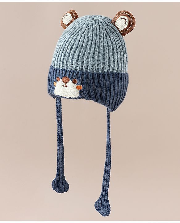 Babyhug Woollen Cap with Knot & Ear with Bear Patch Blue - Diameter 15.5 cm