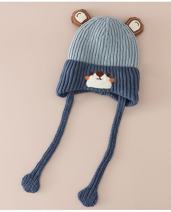 Babyhug Woollen Cap with Knot & Ear with Bear Patch Blue - Diameter 15.5 cm