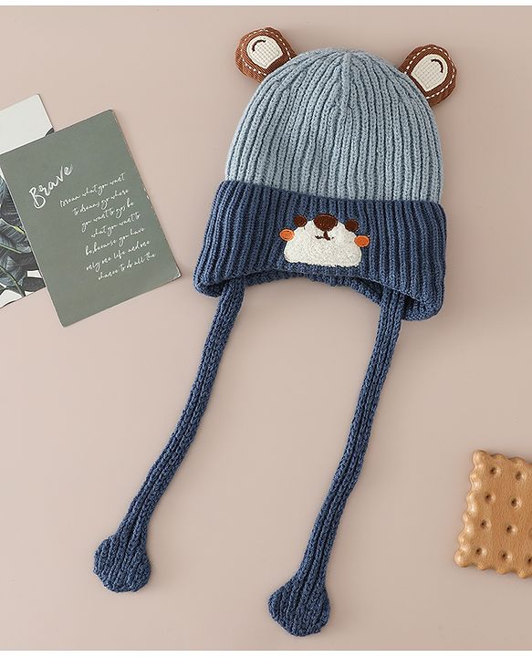 Babyhug Woollen Cap with Knot & Ear with Bear Patch Blue - Diameter 15.5 cm