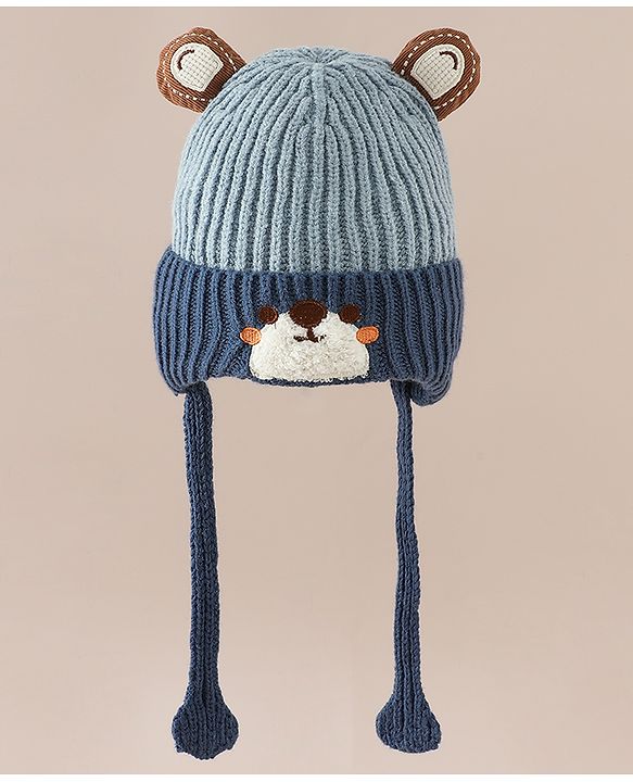 Babyhug Woollen Cap with Knot & Ear with Bear Patch Blue - Diameter 15.5 cm