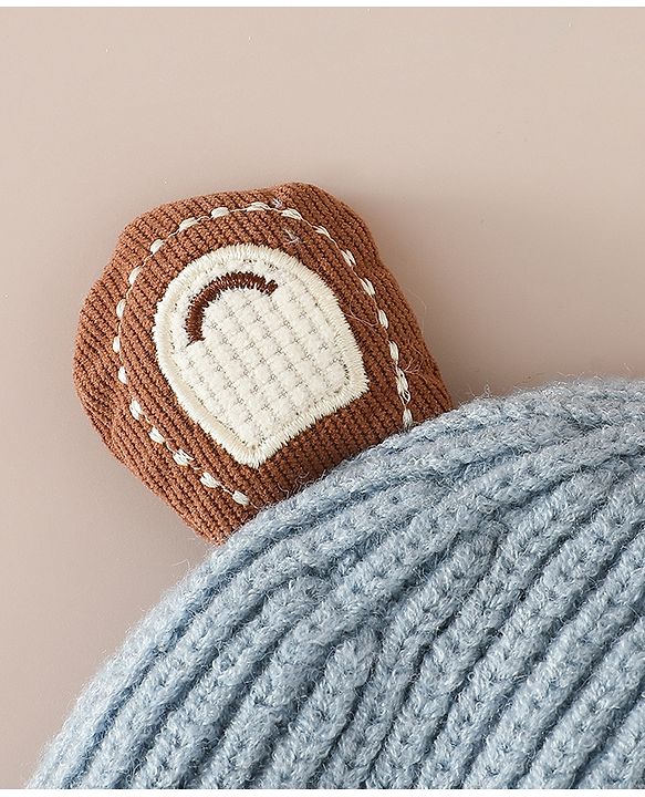 Babyhug Woollen Cap with Knot & Ear with Bear Patch Blue - Diameter 15.5 cm