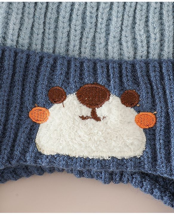 Babyhug Woollen Cap with Knot & Ear with Bear Patch Blue - Diameter 15.5 cm