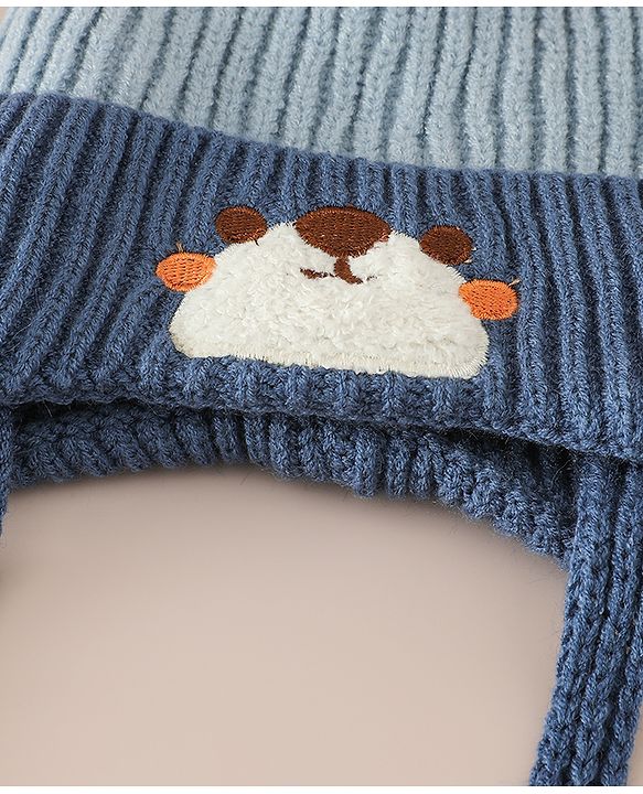 Babyhug Woollen Cap with Knot & Ear with Bear Patch Blue - Diameter 15.5 cm