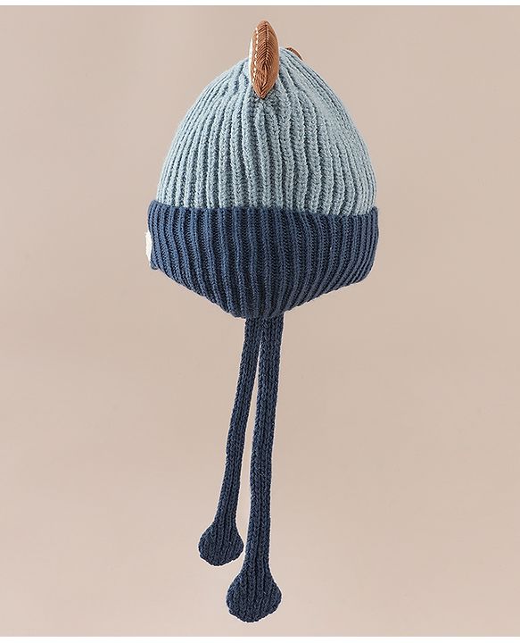 Babyhug Woollen Cap with Knot & Ear with Bear Patch Blue - Diameter 15.5 cm