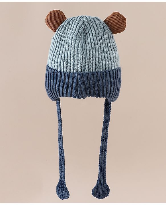 Babyhug Woollen Cap with Knot & Ear with Bear Patch Blue - Diameter 15.5 cm