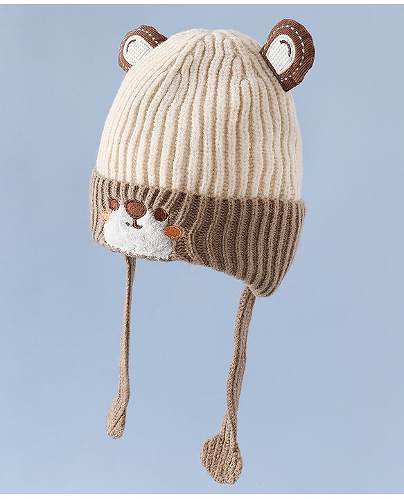 Babyhug Woollen Cap with Knot & Ear with Bear Patch Blue - Diameter 15.5 cm