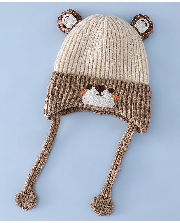 Babyhug Woollen Cap with Knot & Ear with Bear Patch Blue - Diameter 15.5 cm