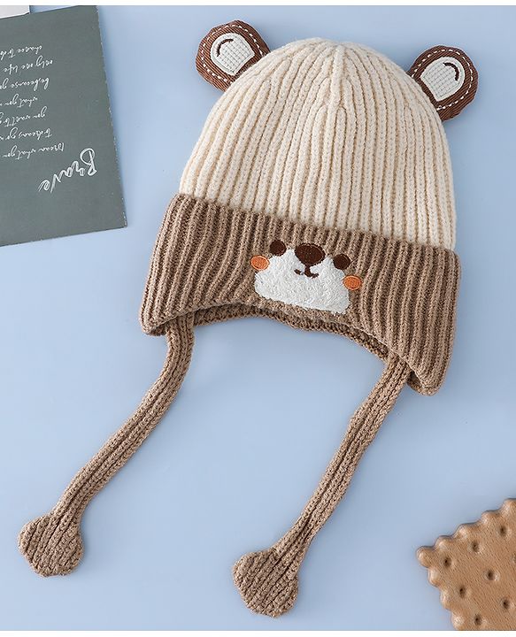 Babyhug Woollen Cap with Knot & Ear with Bear Patch Blue - Diameter 15.5 cm