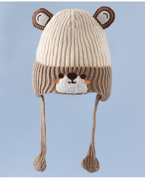 Babyhug Woollen Cap with Knot & Ear with Bear Patch Blue - Diameter 15.5 cm