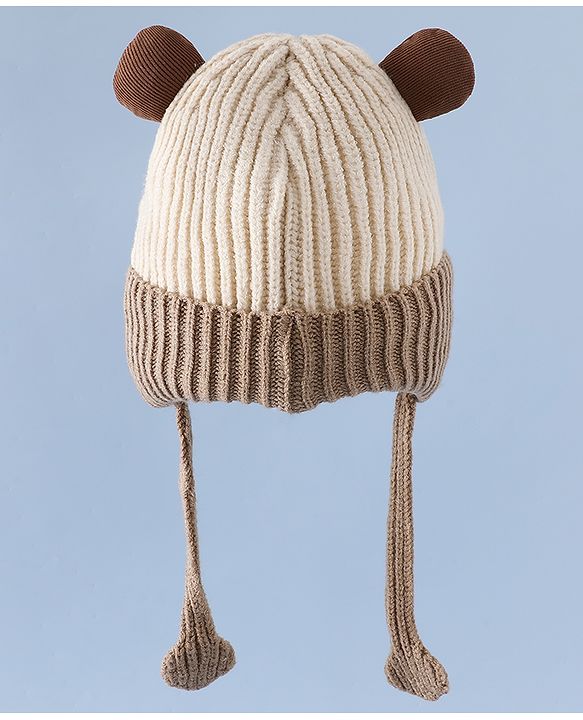Babyhug Woollen Cap with Knot & Ear with Bear Patch Blue - Diameter 15.5 cm