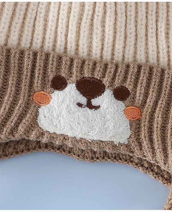 Babyhug Woollen Cap with Knot & Ear with Bear Patch Blue - Diameter 15.5 cm