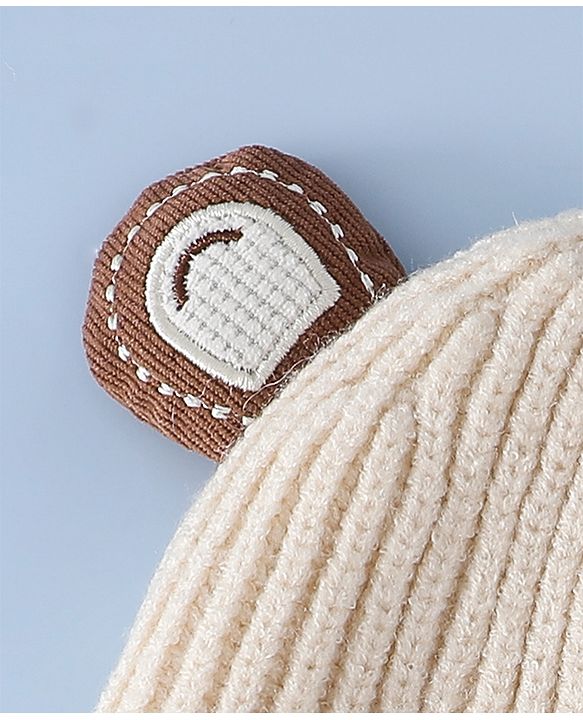 Babyhug Woollen Cap with Knot & Ear with Bear Patch Blue - Diameter 15.5 cm