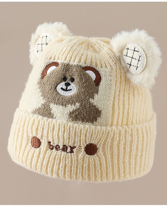 Babyhug Woollen Cap with Bear Applique Beige - Diameter 16.5 cm
