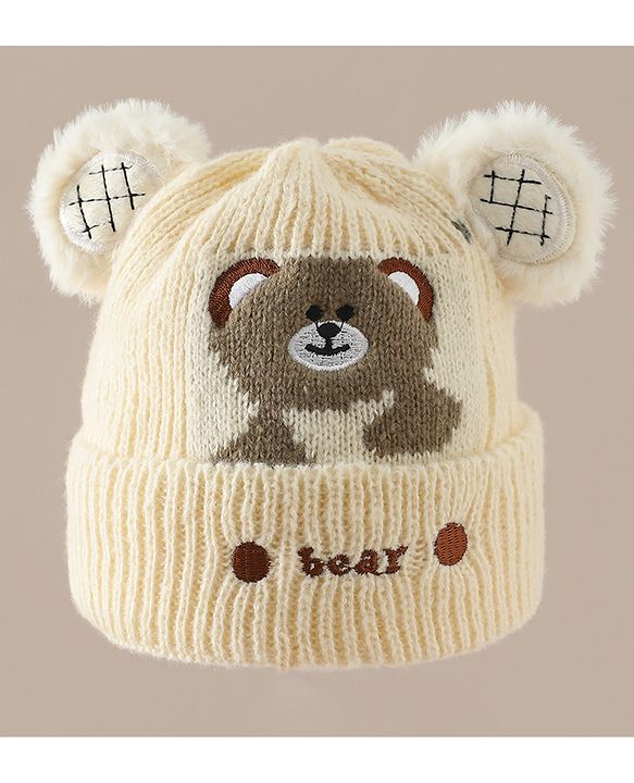Babyhug Woollen Cap with Bear Applique Beige - Diameter 16.5 cm