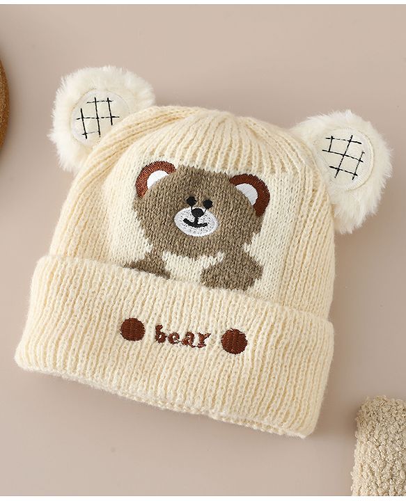 Babyhug Woollen Cap with Bear Applique Beige - Diameter 16.5 cm