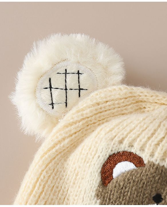 Babyhug Woollen Cap with Bear Applique Beige - Diameter 16.5 cm