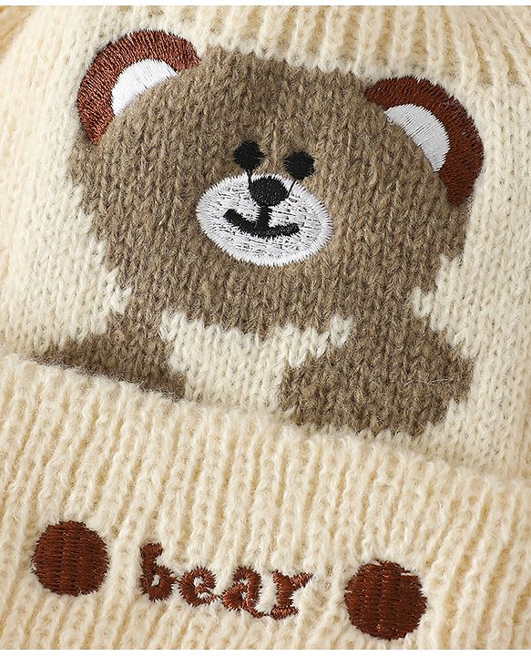 Babyhug Woollen Cap with Bear Applique Beige - Diameter 16.5 cm