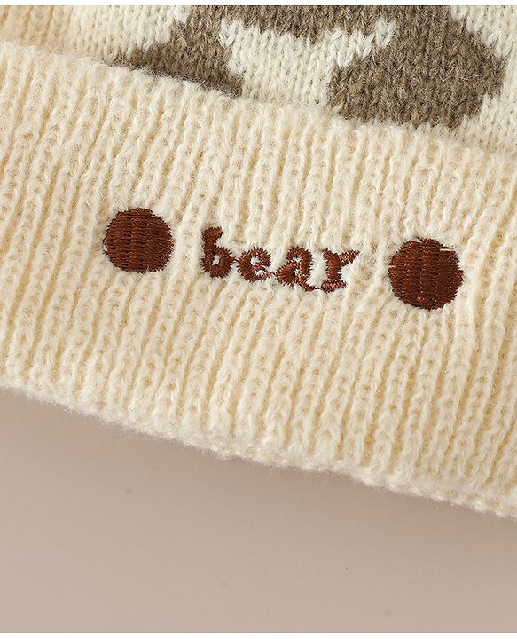 Babyhug Woollen Cap with Bear Applique Beige - Diameter 16.5 cm
