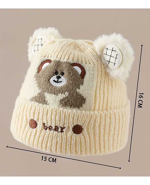Babyhug Woollen Cap with Bear Applique Beige - Diameter 16.5 cm