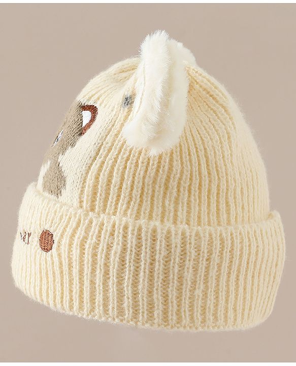 Babyhug Woollen Cap with Bear Applique Beige - Diameter 16.5 cm