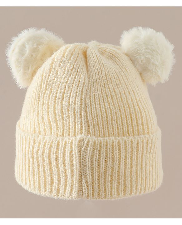 Babyhug Woollen Cap with Bear Applique Beige - Diameter 16.5 cm