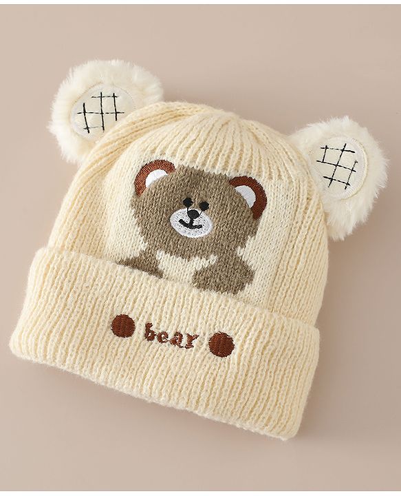 Babyhug Woollen Cap with Bear Applique Beige - Diameter 16.5 cm