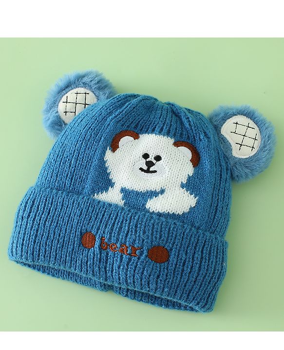 Babyhug Woollen Cap with Bear Applique Beige - Diameter 16.5 cm