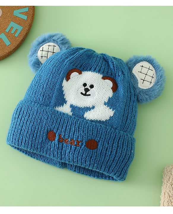Babyhug Woollen Cap with Bear Applique Beige - Diameter 16.5 cm