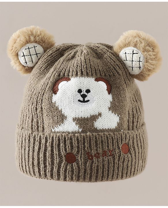 Babyhug Woollen Cap with Bear Applique Beige - Diameter 16.5 cm