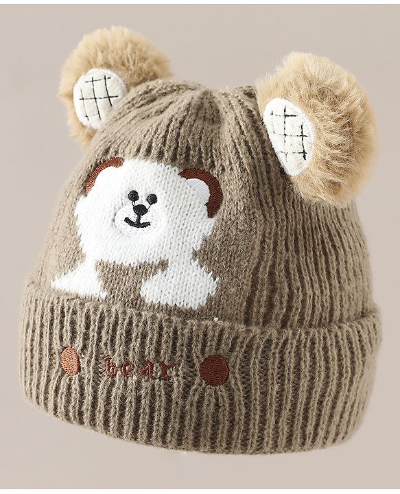 Babyhug Woollen Cap with Bear Applique Beige - Diameter 16.5 cm