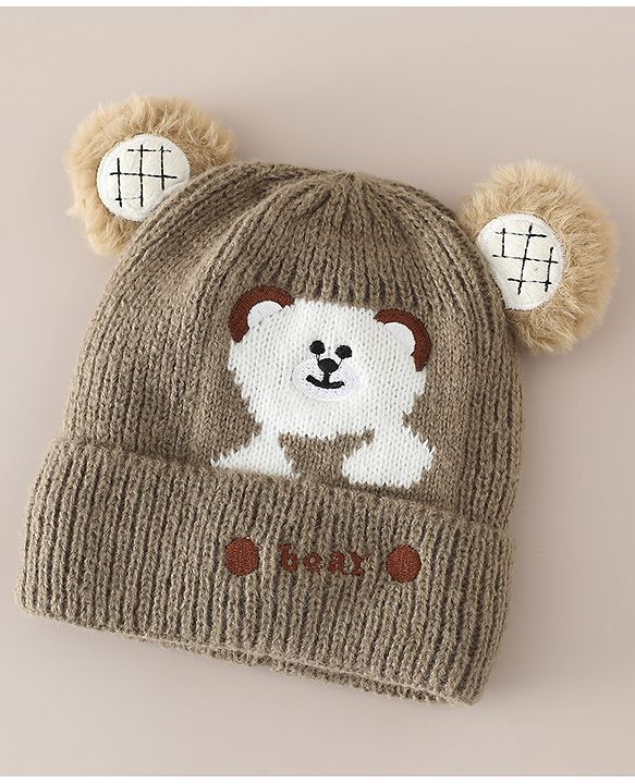 Babyhug Woollen Cap with Bear Applique Beige - Diameter 16.5 cm