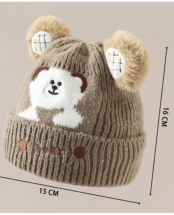 Babyhug Woollen Cap with Bear Applique Beige - Diameter 16.5 cm