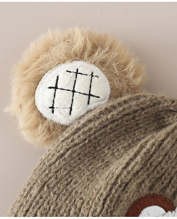 Babyhug Woollen Cap with Bear Applique Beige - Diameter 16.5 cm