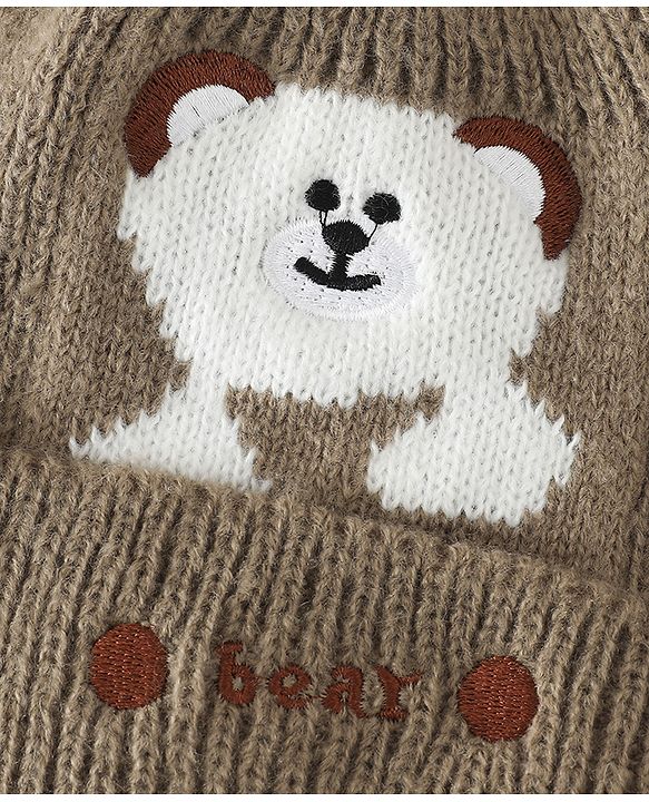 Babyhug Woollen Cap with Bear Applique Beige - Diameter 16.5 cm