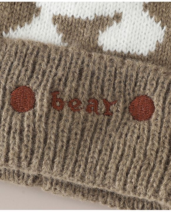 Babyhug Woollen Cap with Bear Applique Beige - Diameter 16.5 cm