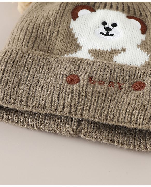 Babyhug Woollen Cap with Bear Applique Beige - Diameter 16.5 cm